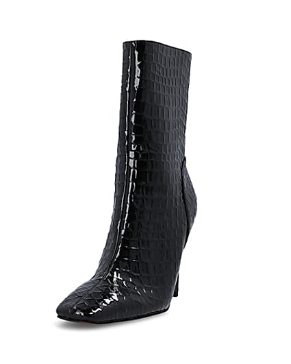 360 degree animation of product Black Patent croc embossed heeled Boots frame-23