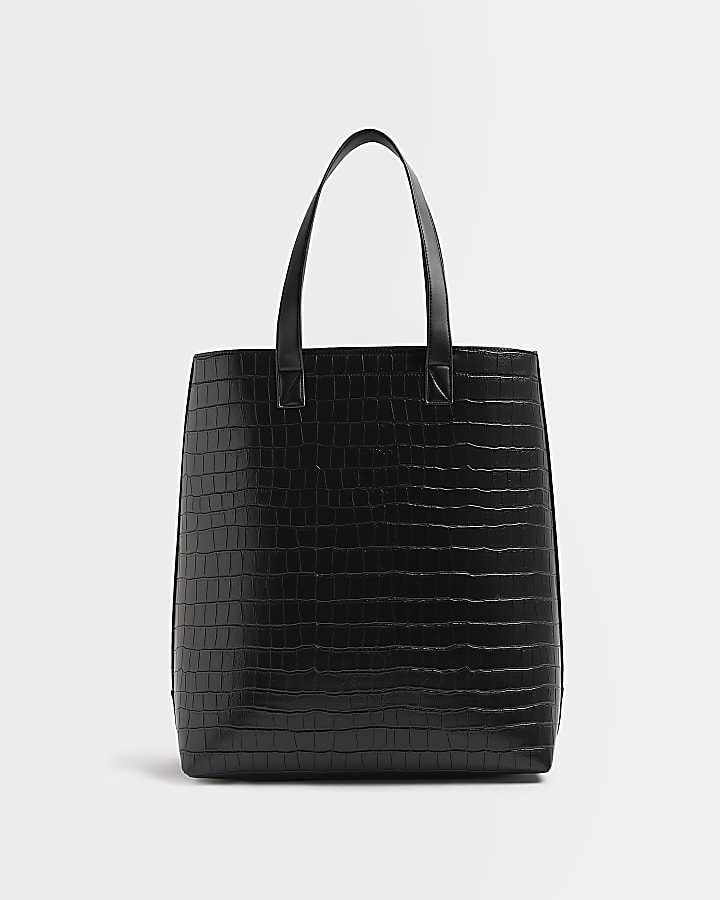 Black patent croc embossed tote bag