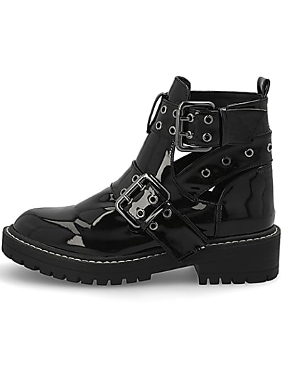 360 degree animation of product Black patent cut away wide fit chunky boots frame-3