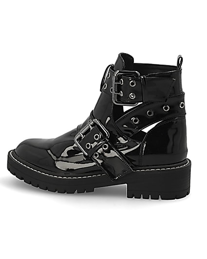 360 degree animation of product Black patent cut away wide fit chunky boots frame-4