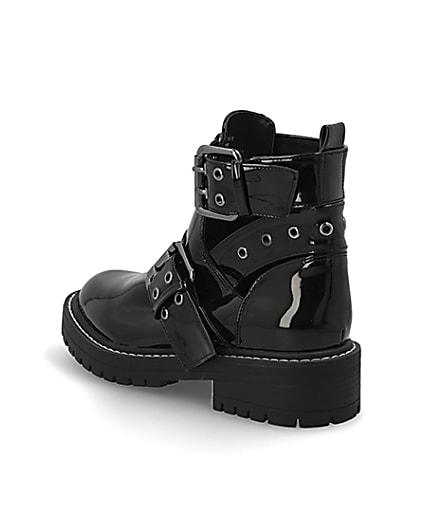 360 degree animation of product Black patent cut away wide fit chunky boots frame-6