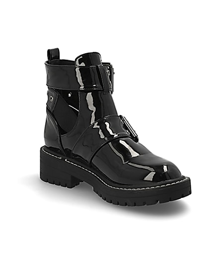 360 degree animation of product Black patent cut away wide fit chunky boots frame-18