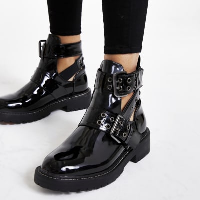 black chunky patent boots