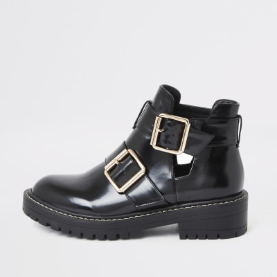 Black patent cut out side chunky boots River Island