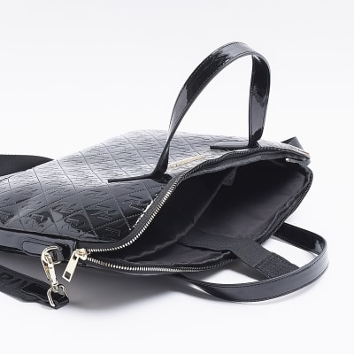 Black patent embossed laptop bag River Island