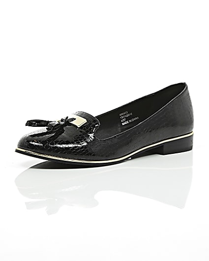 360 degree animation of product Black patent embossed loafers frame-0