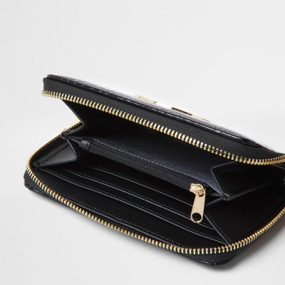 Black patent embossed mini ziparound purse
