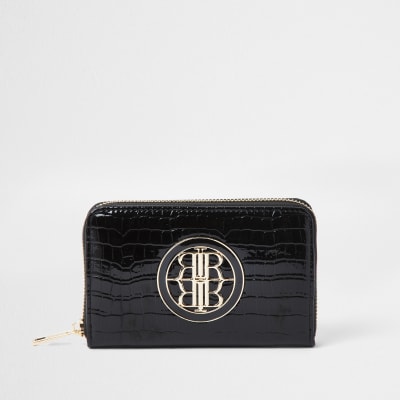 Black patent embossed mini ziparound purse