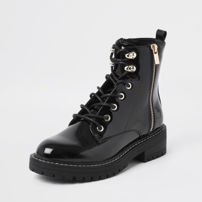 black patent flat ankle boots