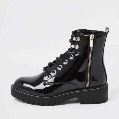 Black patent flat lace up chunky ankle boots | River Island