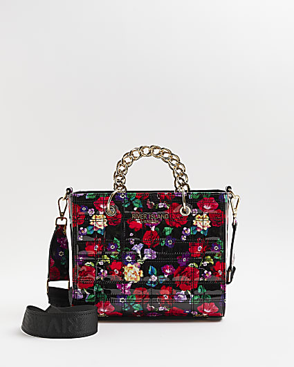 Black patent floral quilted tote bag