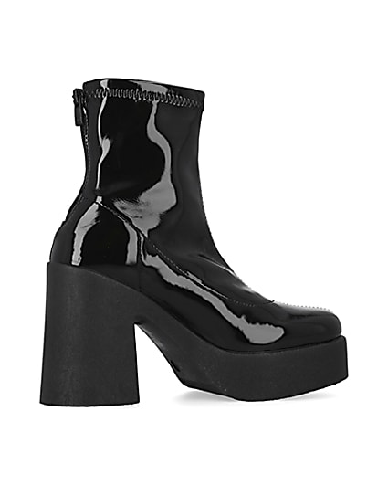 360 degree animation of product Black patent heeled biker boots frame-14