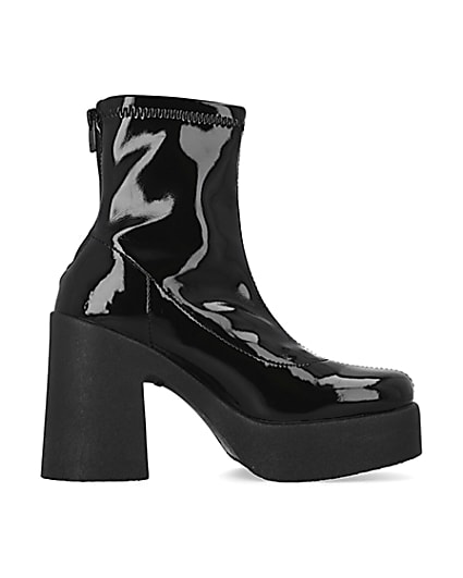 360 degree animation of product Black patent heeled biker boots frame-15