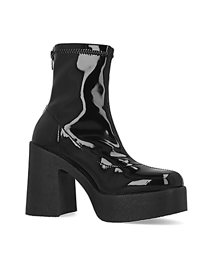 360 degree animation of product Black patent heeled biker boots frame-17