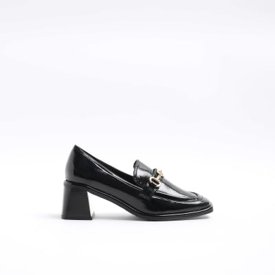 Black patent heeled loafers | River Island