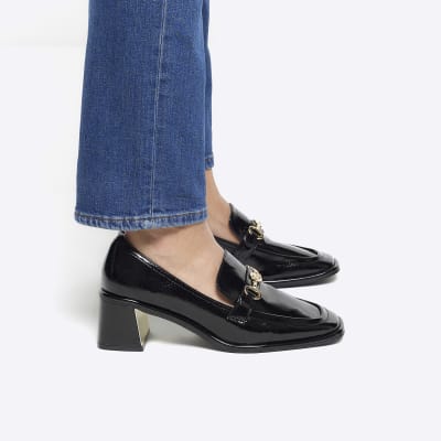 Black patent heeled loafers River Island