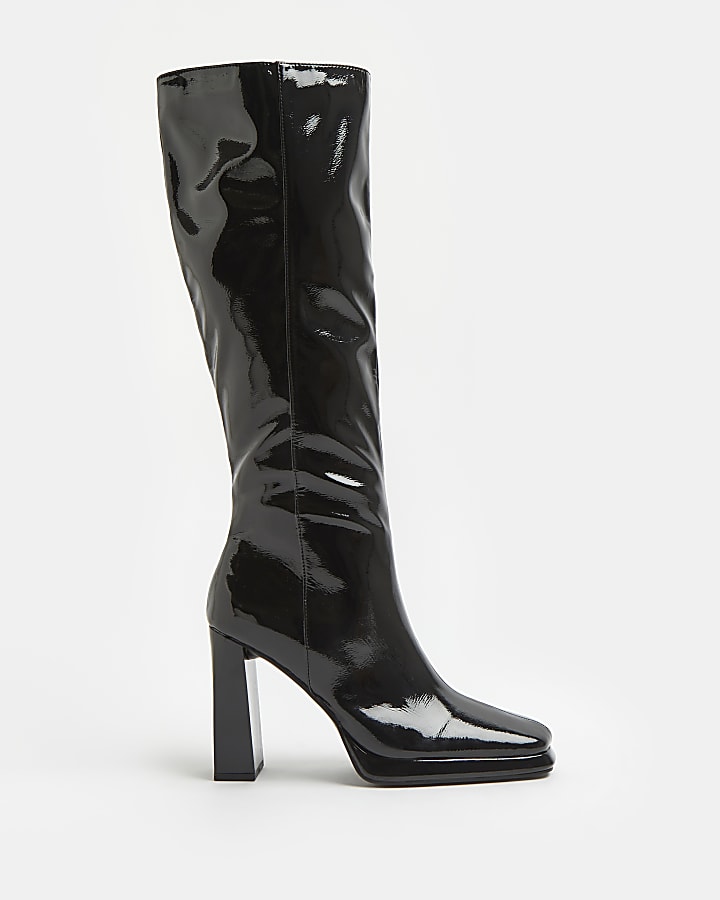 Black patent knee high boots