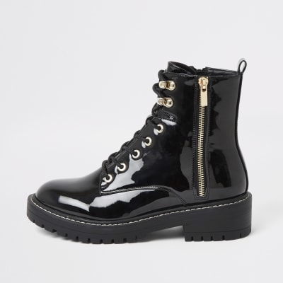patent lace up boots