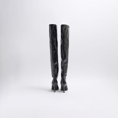 Black Patent Over The Knee Heeled Boots River Island