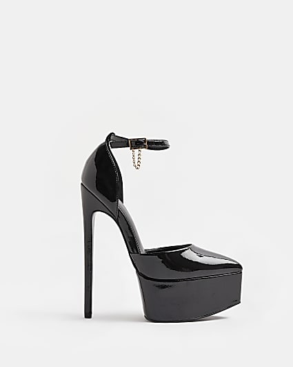 Black patent platform heeled court shoes