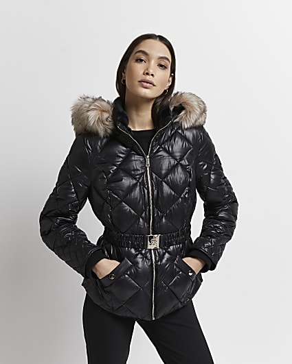 Black patent quilted puffer coat