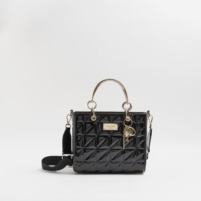 Black patent quilted tote bag