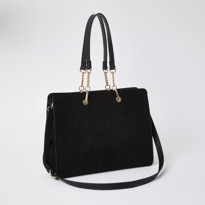 Black patent RI embossed chain tote handbag