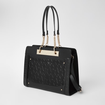 Black patent RI embossed chain tote handbag