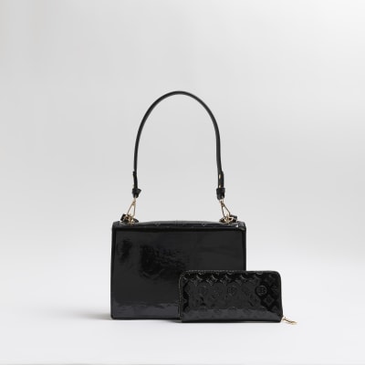 black patent ri embossed purse