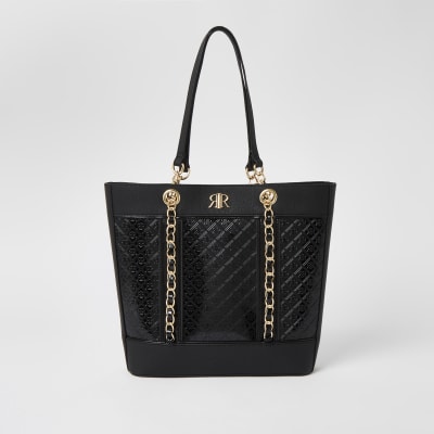 Black patent RI monogram shopper bag | River Island