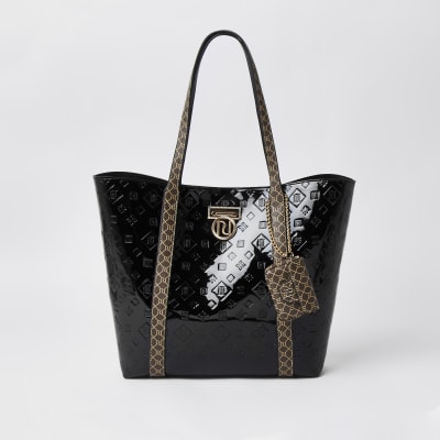 Black patent RI monogram shopper bag | River Island