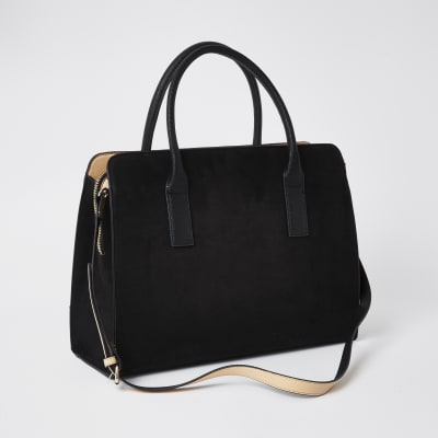 Black patent ring front tote handbag