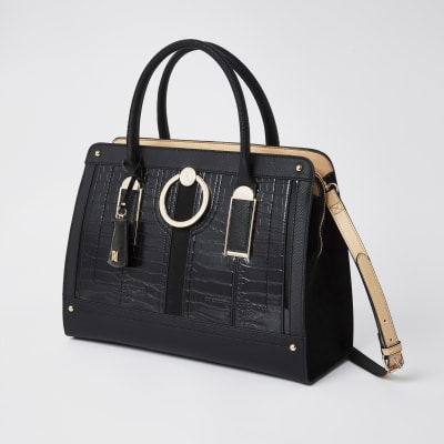 Black patent ring front tote handbag