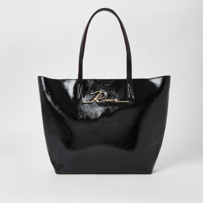 Black patent 'River' shopper tote bag | River Island