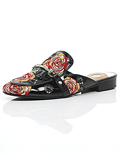 360 degree animation of product Black patent rose applique backless loafers frame-0