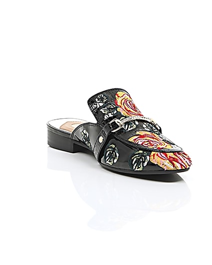 360 degree animation of product Black patent rose applique backless loafers frame-6