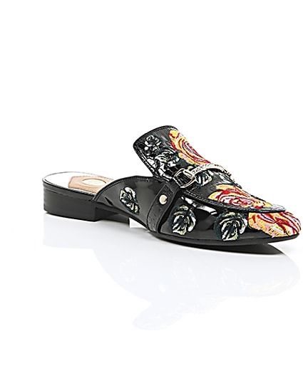 360 degree animation of product Black patent rose applique backless loafers frame-7