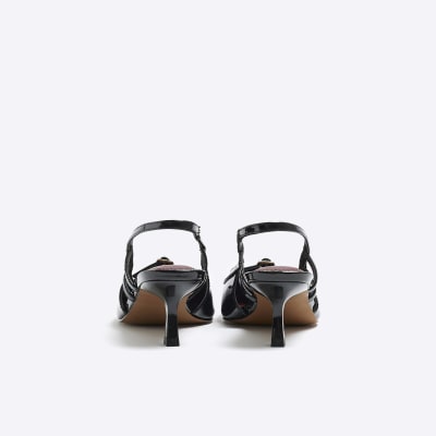 Black patent slingback court shoe River Island