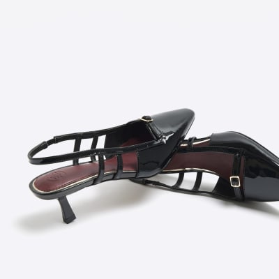 Black patent slingback court shoe River Island