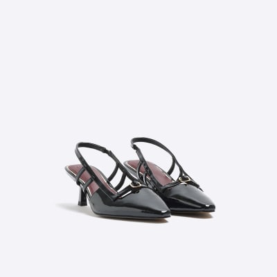 Black patent slingback court shoe River Island