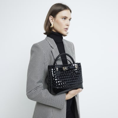 Black Patent Weave Tote Bag