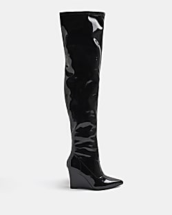 Black patent wedge over the knee boots
