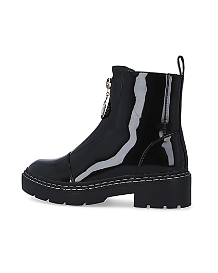 360 degree animation of product Black patent zip front chunky boots frame-4