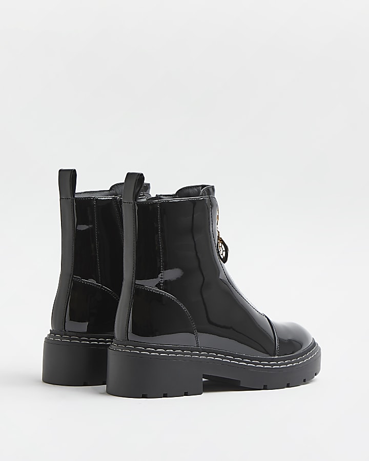 Black patent zip front chunky boots