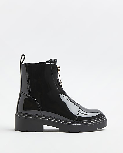 Black patent zip front chunky boots