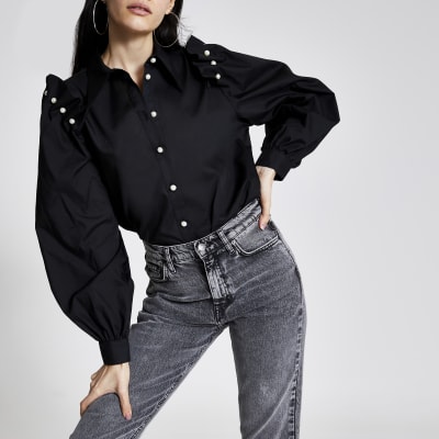 Black pearl frill shoulder long sleeve shirt