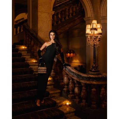 Black Pearl Trim Halter Neck Maxi Dress