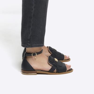 Black peep toe flat sandals River Island