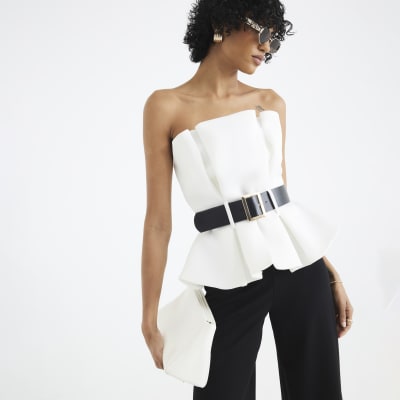 Black Peplum Belted Bandeau Jumpsuit