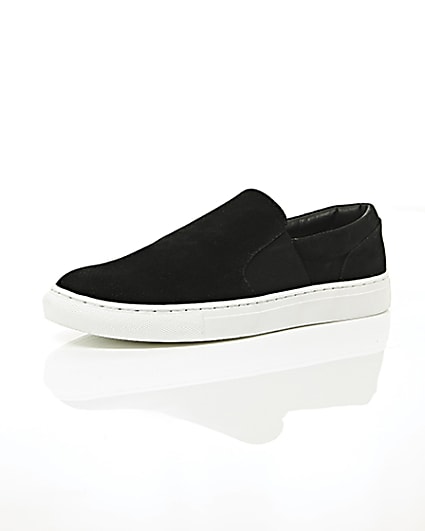 360 degree animation of product Black perforated slip on plimsolls frame-0